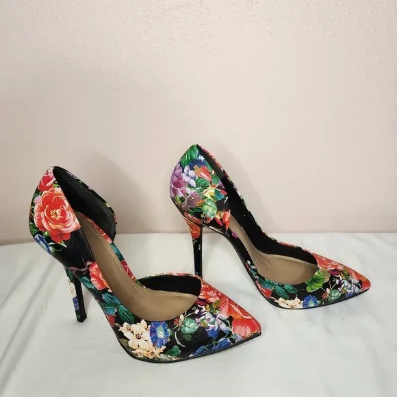 Floral Pattern Vegan Faux Leather D'Orsay Stiletto High Heel Shoes Size 8 - Picture 3 of 9